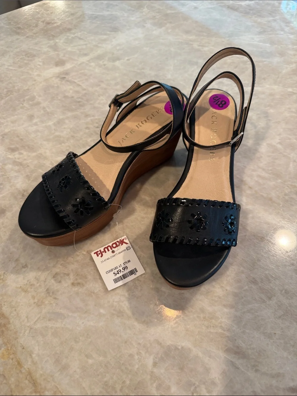 Jack Rogers Black Leather Wedge Sandals Size 81/2 Brand New Excellent Condition